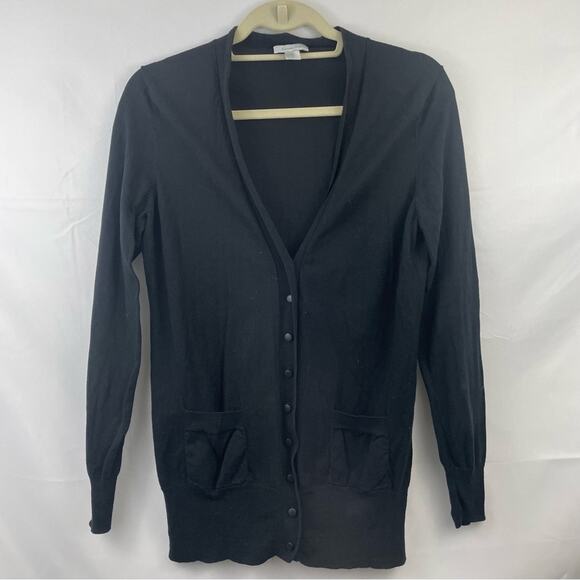 🍒 Garnet Hill 100% Cotton Button Front Knit Cardigan Sweater Black‎ Pockets Med - Picture 1 of 9